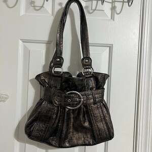 Kathy Van Zeeland Black Faux Alligator Satchel Handbag with Crown Accents
